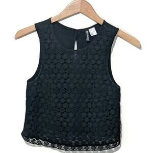 H&M Black Floral Crochet Lace Top Sleeveless Scoop Neck Crop Boho Festival 4